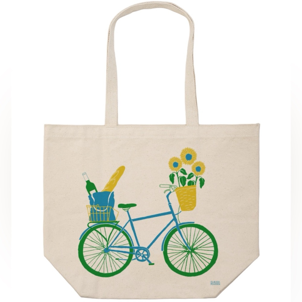 CLAUDIA PEARSON Picnic Basket Canvas Market Tote Bag - Bicycle Graphic - New